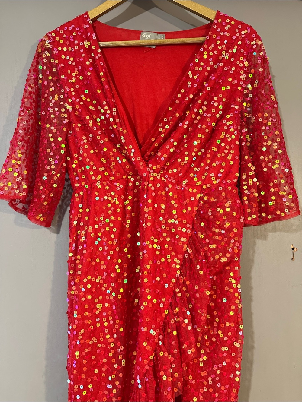 ASOS Red Sequin Midi Dress Size 6 Holiday Party Cocktail Wrap Style - Picture 3 of 10